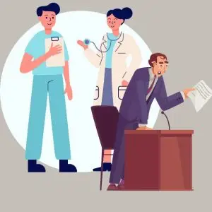 איור של רופא משפחה משוחח עם מטופלים במרפאה. לפניו עורך דין