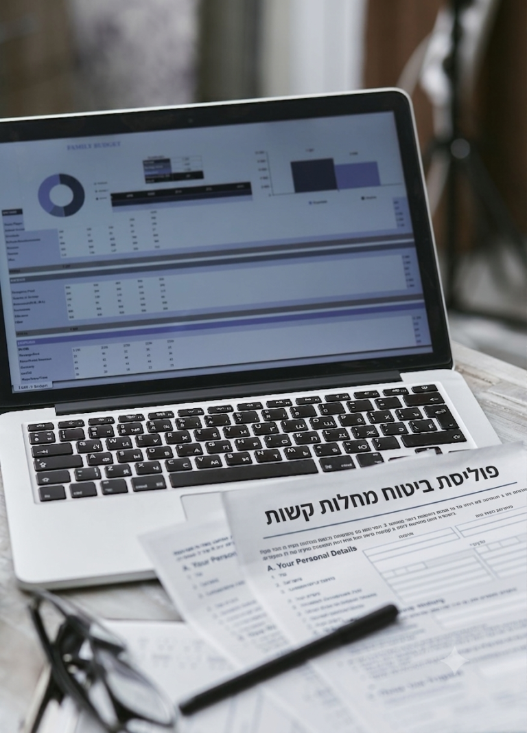 מחשב נייד פתוח המציג נתונים פיננסיים לצד מסמכים מודפסים של פוליסת ביטוח מחלות קשות ומשקפי קריאה